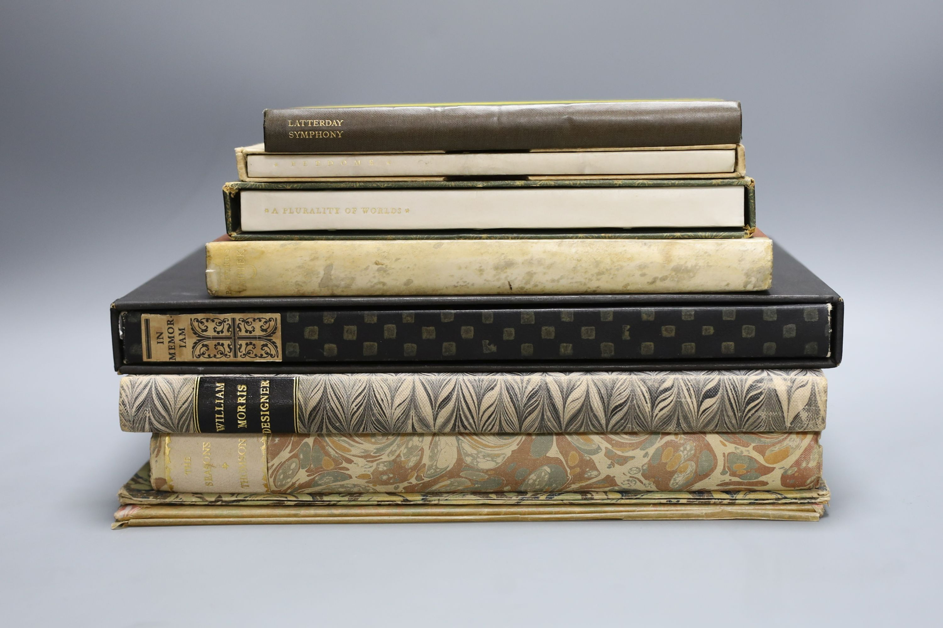 Nonesuch Press - Thomson, James - The Seasons, one of 1500, 4to, marble boards, illustrated by Jacquier, London, 1927 and Crow, Gerald Henry - William Morris Designer, 4to, cloth, The Studio, London, 1934 (2)